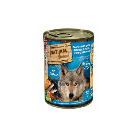 Lata natural greatness Bacalao con Pimiento rojo, Calabaza, Aceite de oliva, Patata y Tomillo 400 gr para perro
