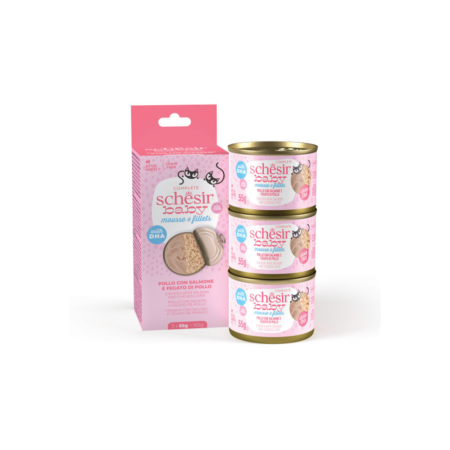 SCHESIR BABY MOUSSE CON FILETES POLLO CON SALMÓN E HIGADO DE POLLO 3X55 GR