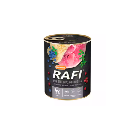 Lata Rafi Húmedo de Jamón, Tripas de Ternera y Arándanos para Perros