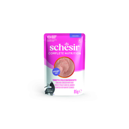 SCHESIR SOBRES 85 gr ATÚN CON POLLO Y JAMÓN EN MOUSSE NUTRICIÓN COMPLETA