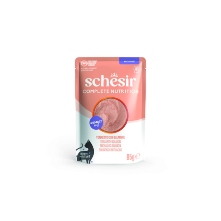 SCHESIR SOBRES 85 gr ATÚN CON SALMÓN EN MOUSSE NUTRICIÓN COMPLETA